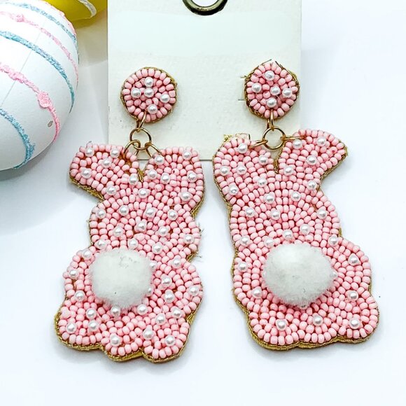 Pearl & Pom-Pom Accent Easter Bunny Seed Beaded Statement Gift Earrings NEW - Picture 5 of 5